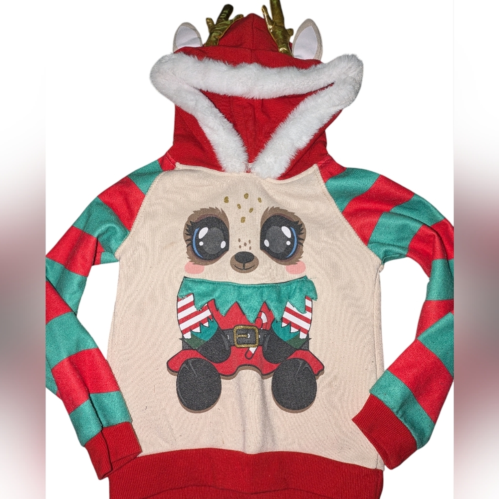 💥5/20$ Kids Holiday Panda Hoodie with Red and Green Stripes